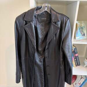 Jones New York Vintage Black Genuine Leather Long Trench Coat